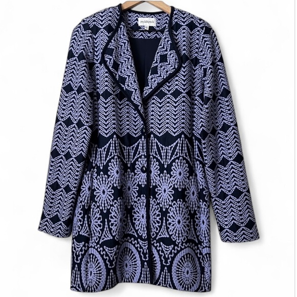 Peck & Peck Jackets & Blazers - Peck & Peck Statement Knit Jacket Blazer Navy Blue Periwinkle Floral Boh…